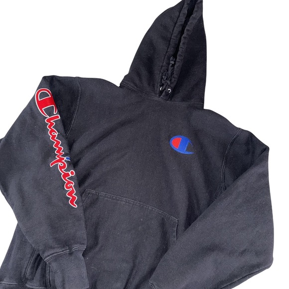 Champion Other - Champion Hoodie Mens Medium Black Reverse Weave Fleece Pullover Logo Sleeve